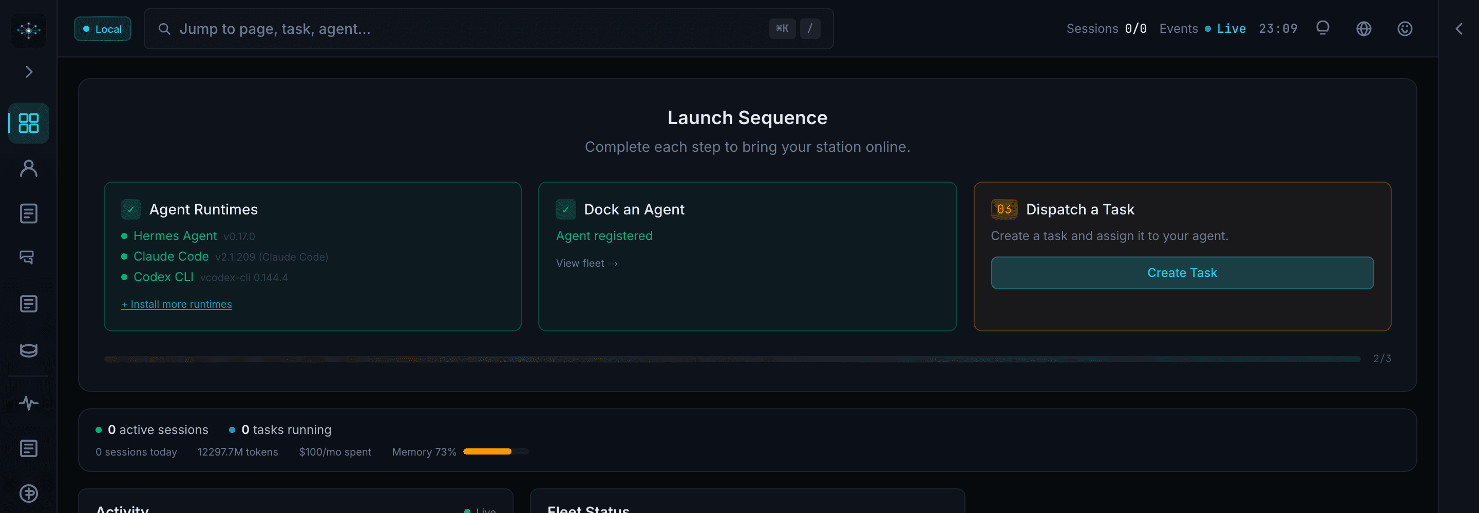 Mission Control launch sequence with connected agent runtimes and live operating status