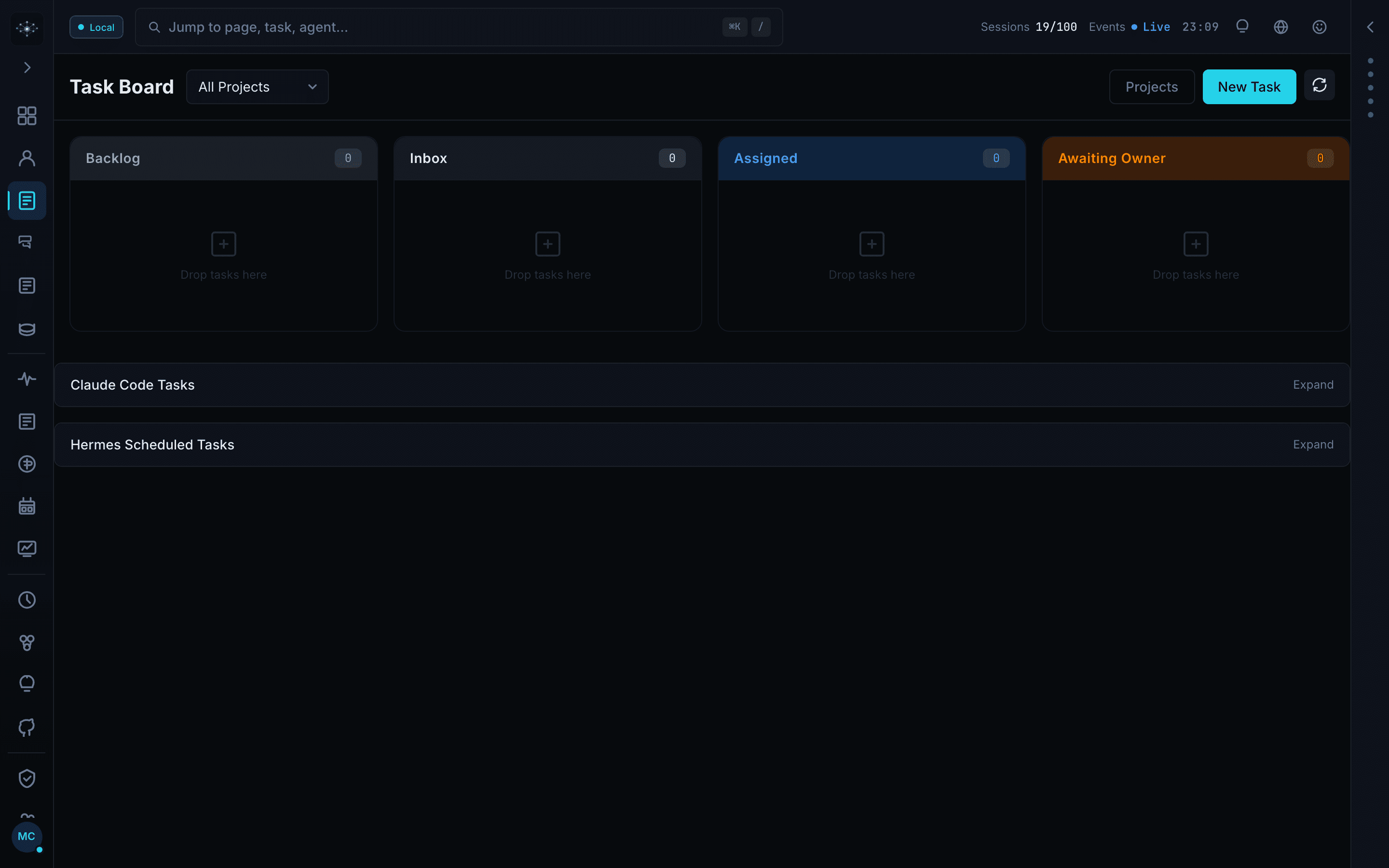 Mission Control task board with backlog, inbox, assigned, and awaiting owner columns