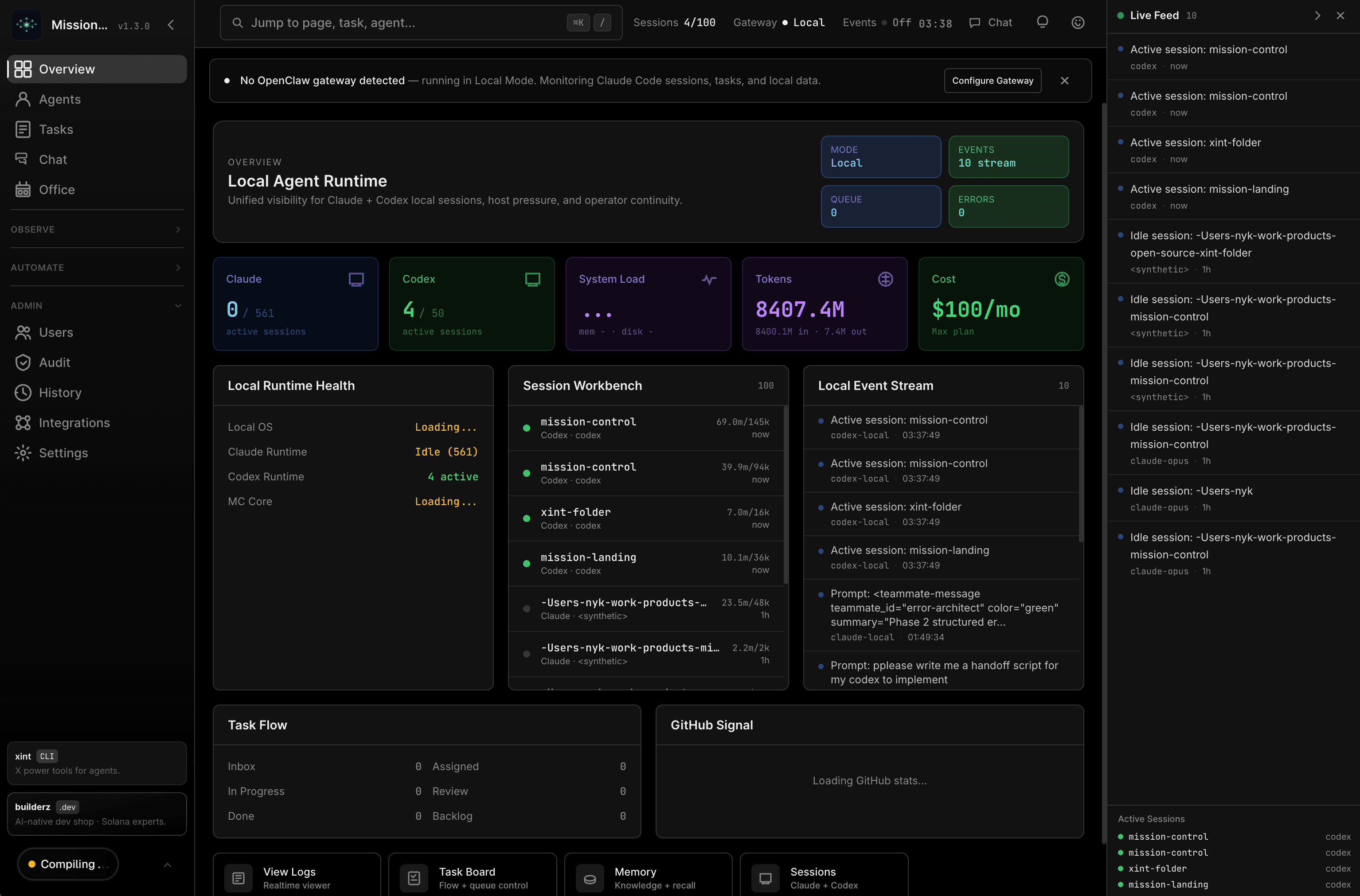 Mission Control Dashboard — 31 panels for AI agent orchestration